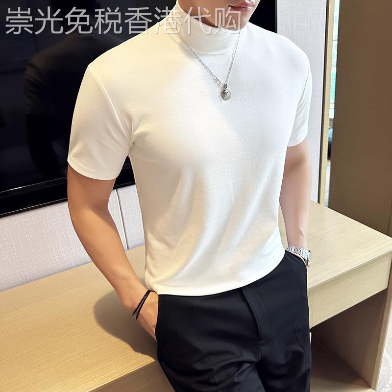S.F Marceau~出口法国~轻奢高端！纯棉半高领短袖T恤男弹力小高领