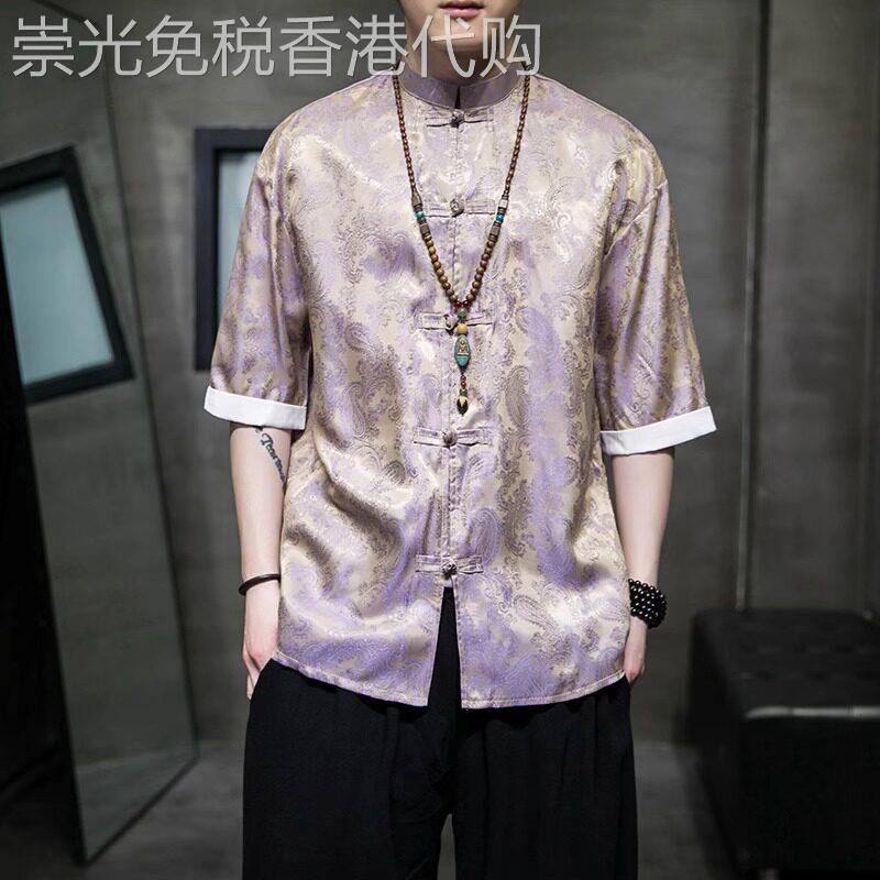 轻奢冰丝衬衫男夏季薄款唐装汉服五分袖宽松中国风男士衬衣短袖