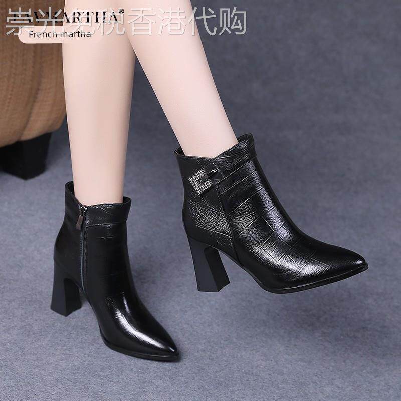 高跟鞋女秋冬2025年新款粗跟中跟短靴加绒女鞋真皮鞋尖头马丁靴子