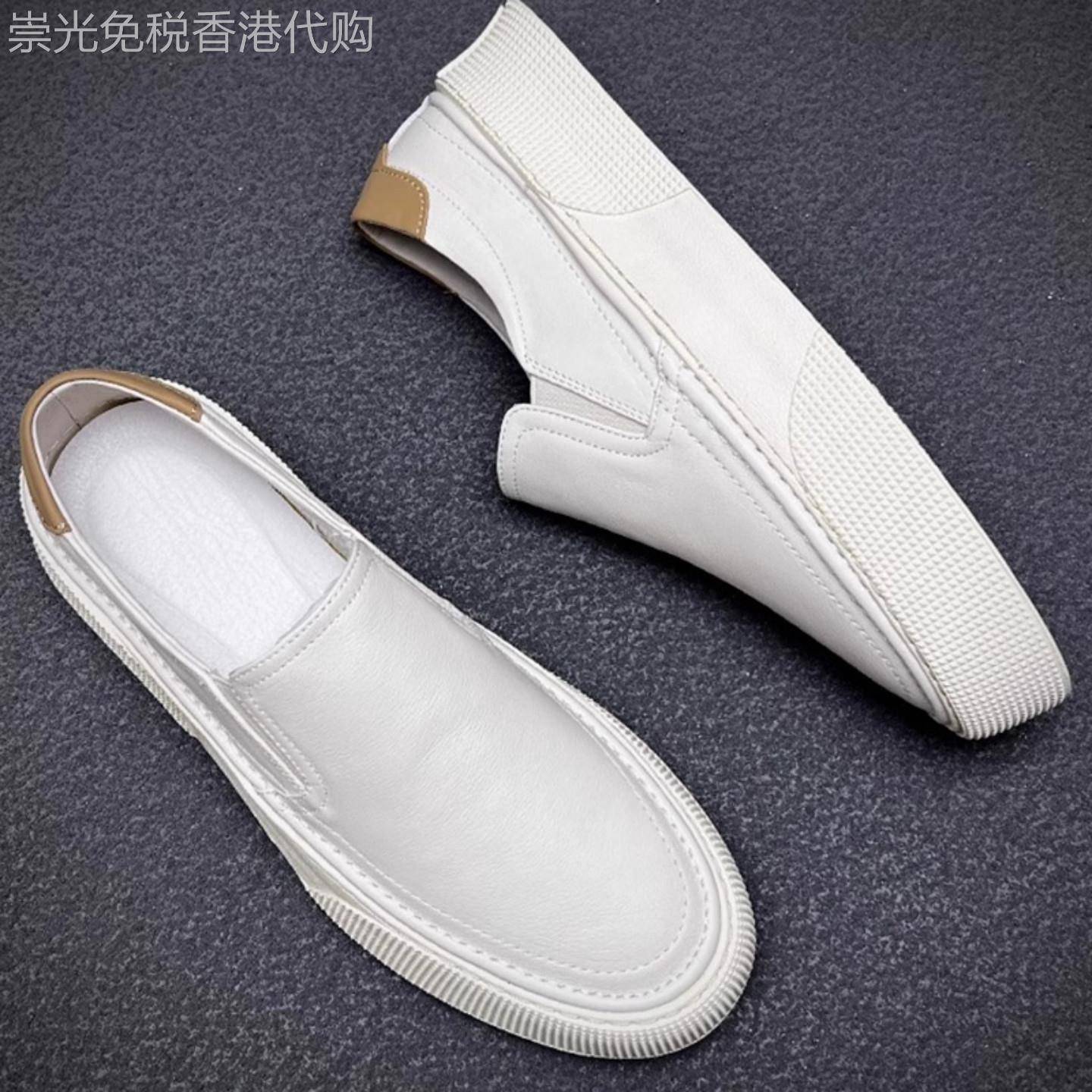 潮牌男士真皮白色一脚蹬乐福鞋春秋季2025年新款百搭套脚休闲板鞋