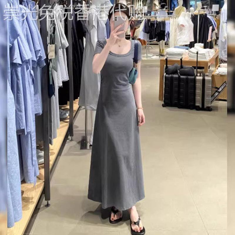 花灰色高级感正肩短袖T恤洋装女夏季欧货修身显瘦u领气质长裙子