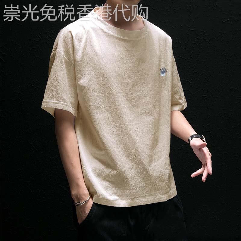 亚麻短袖t恤男潮牌夏季港风潮流百搭宽松半袖体恤男士打底衫上衣
