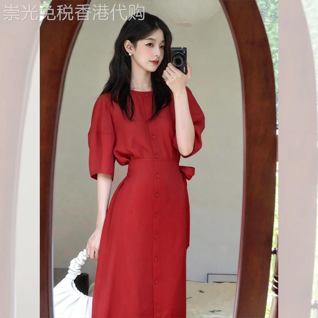 法式红色短袖衬衫洋装女2026春季新款今年流行的漂亮收腰长裙子