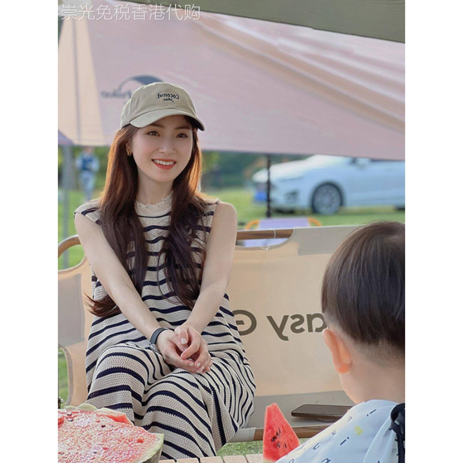 欧洲站夏季女装2025年法式少女高级感薄款针织无袖背心条纹连衣裙