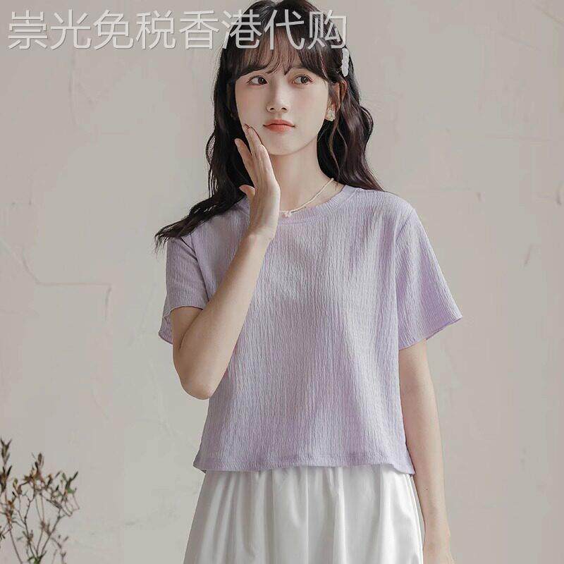 紫色雪纺衫女夏季2026年新款宽松短款小个子甜美气质短袖T恤上衣