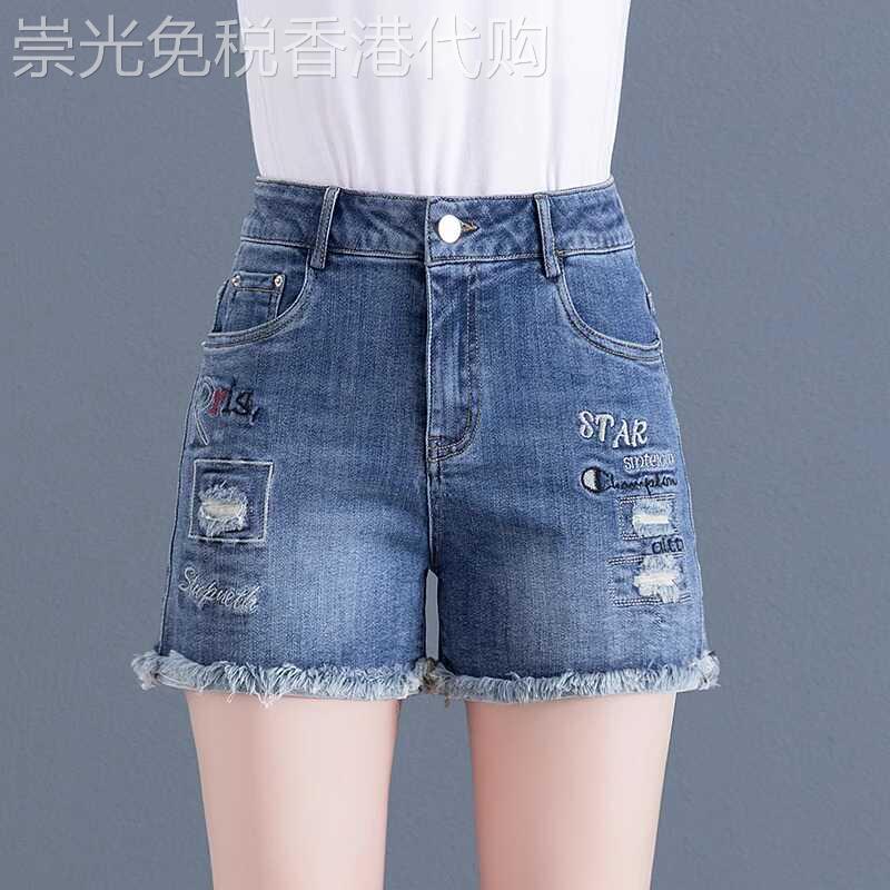 破洞牛仔短裤女外穿夏薄款2025新款刺绣高腰宽松大码a字阔腿热裤