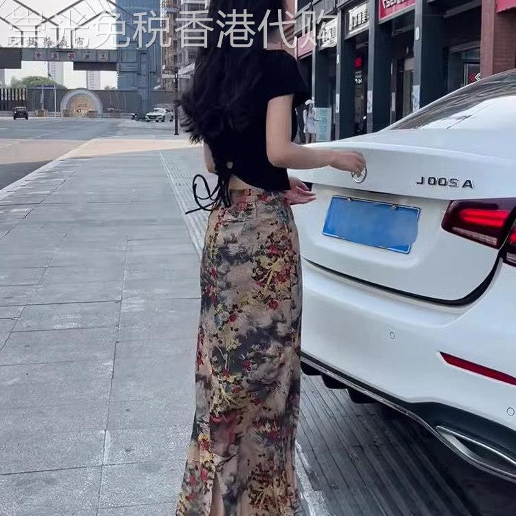 碎花半身裙女士夏季薄款2026新款高腰显瘦a字中长款开叉包臀裙子