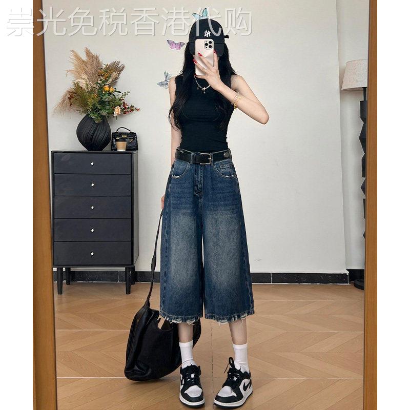 复古七分牛仔裤女夏季薄款2026新款磨破设计感宽松高腰休闲汽钓鱼