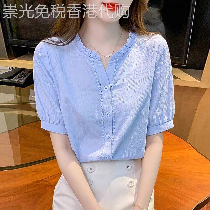 法式薄款立领木耳边衬衫女2025年夏季新款宽松百搭短袖小衫上衣