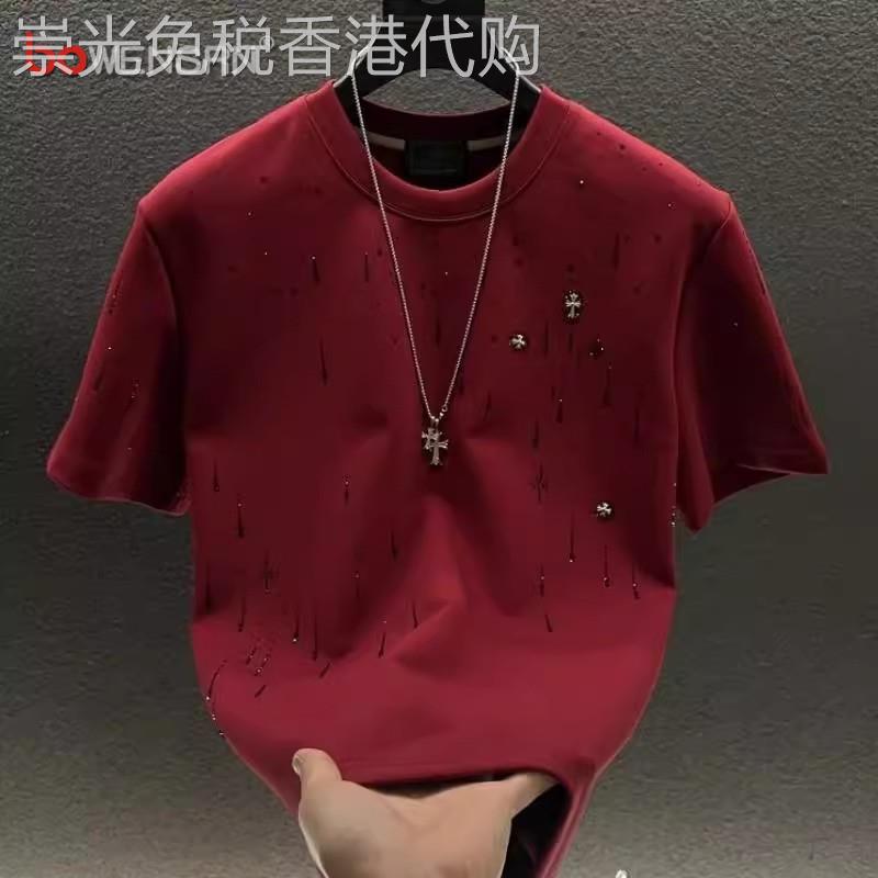 潮牌流星烫钻红色短袖T恤男士2026新款本命年圆领半袖T恤衫男款