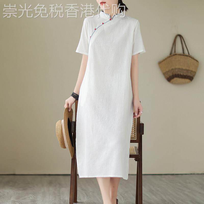 中式国风短袖旗袍裙女夏新款复古斜襟盘扣高端洋派纯色女士中长裙