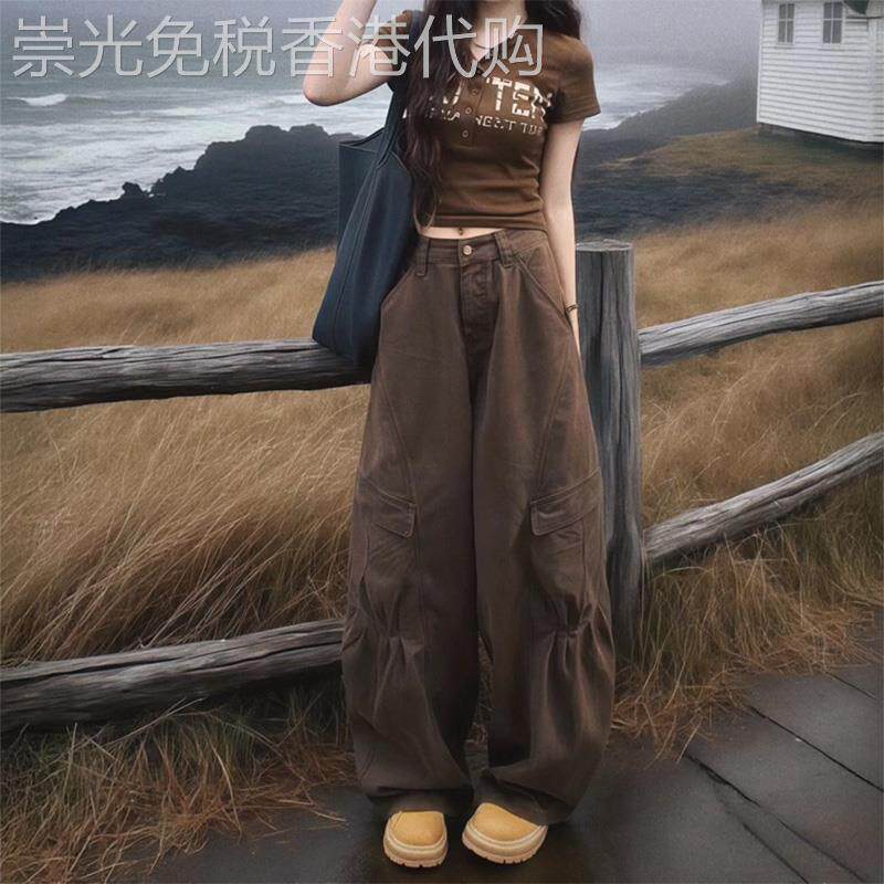 小个子150xs美式复古口袋工装牛仔裤女春秋高腰宽松咖色阔腿裤子