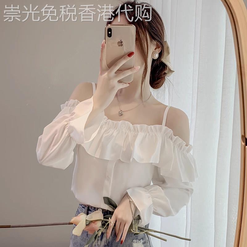 白色雪纺衬衫女长袖春秋2026新款法式设计感小众一字露肩吊带上衣