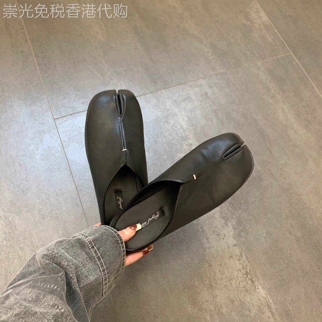 潮牌小众英伦风分趾小皮鞋女包头半拖鞋女猪蹄一脚蹬粗跟穆勒鞋夏