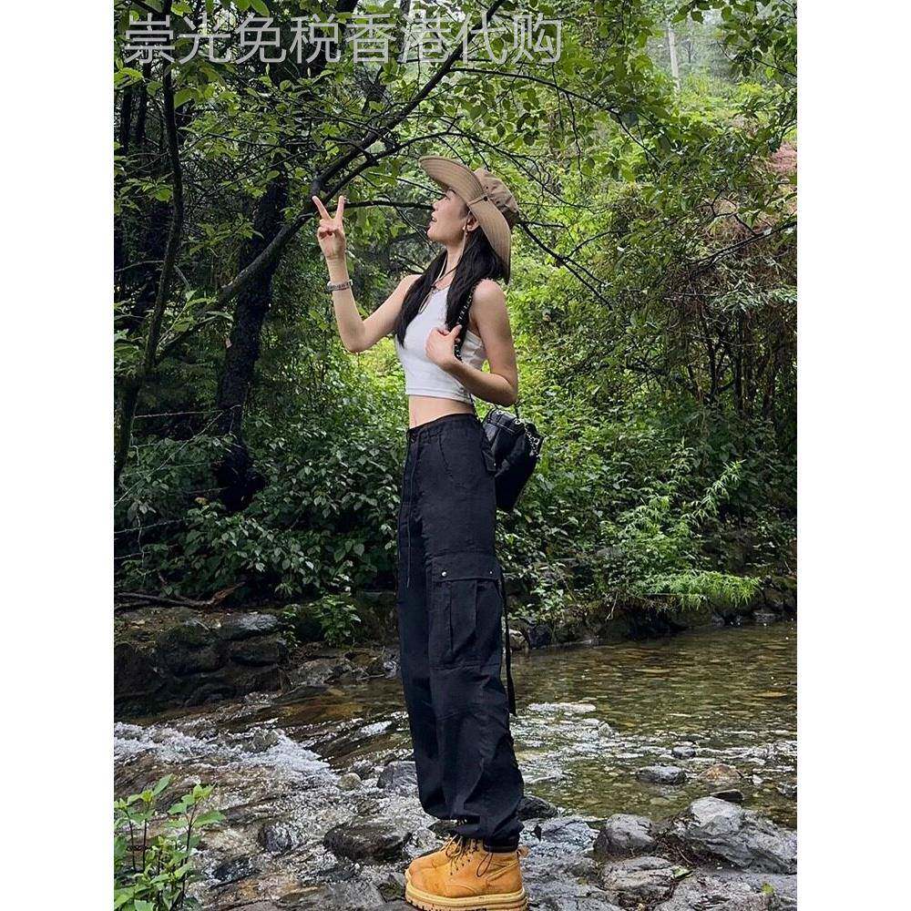 黑色机能工装裤女夏季新款户外爬山松紧高腰登山裤美式束脚阔腿裤