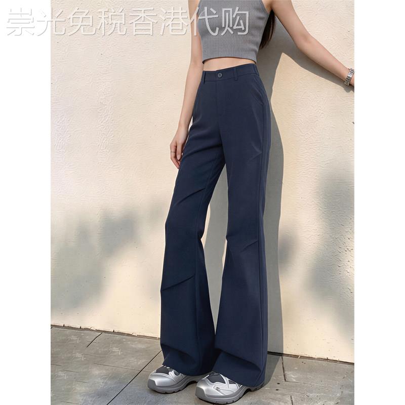 藏青色冰丝速干工装微喇叭裤女夏季薄款高腰休闲宽裤拖地喇叭裤子