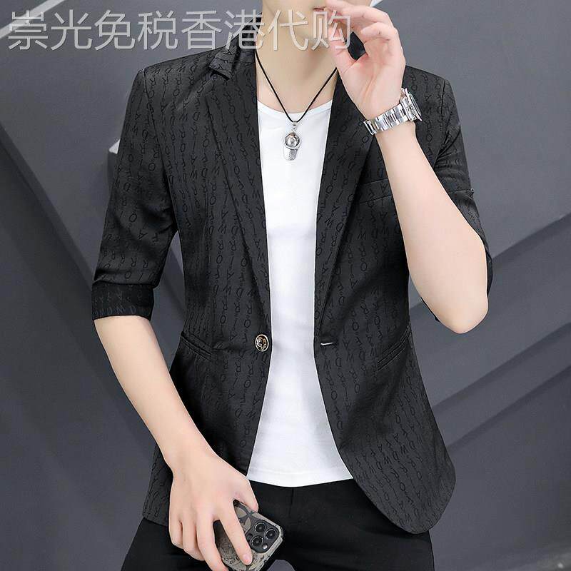 高端七分袖条纹西服男夏季薄款韩版修身商务休闲中袖小西装外套潮