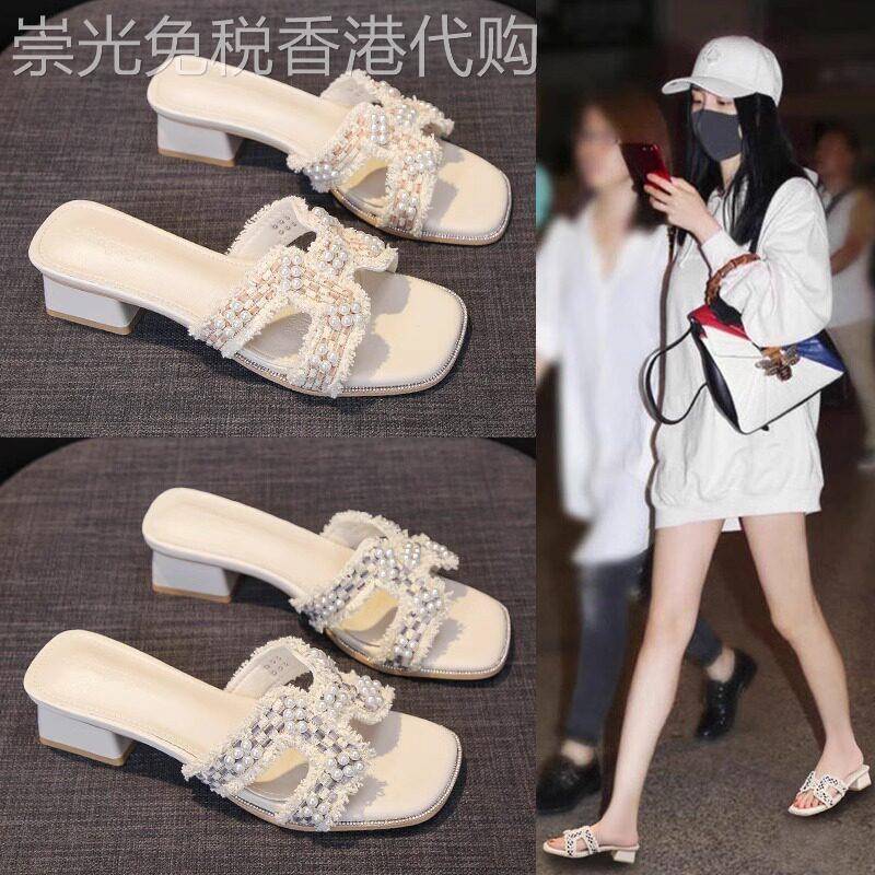 香港真皮中粗跟凉拖鞋女夏季外穿2026新款爆款小香风配裙子一字拖