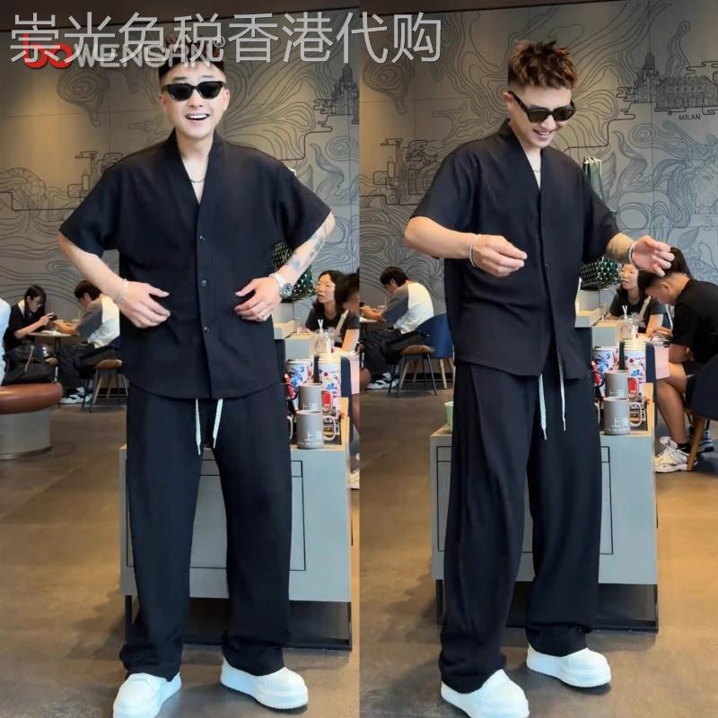 新中式国风V领肌理感男士短袖套装2025新款夏季衬衫裤子一套男装