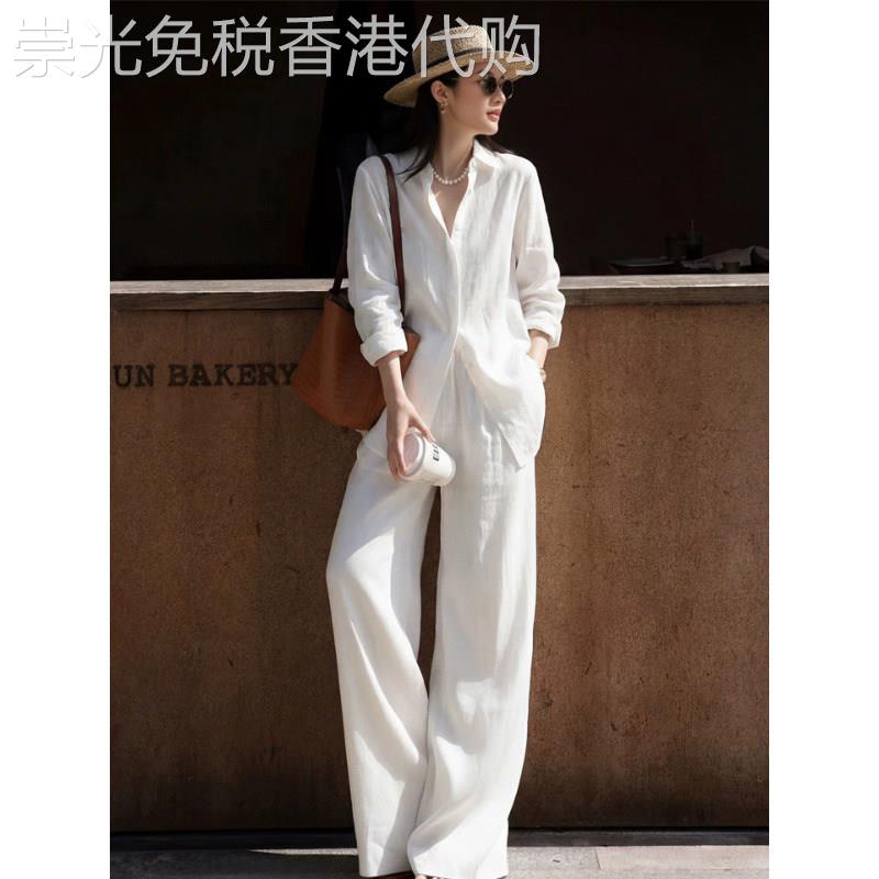 白色亚麻翻领衬衫高腰拖地直筒裤套装女夏季时尚高级感穿搭两件套