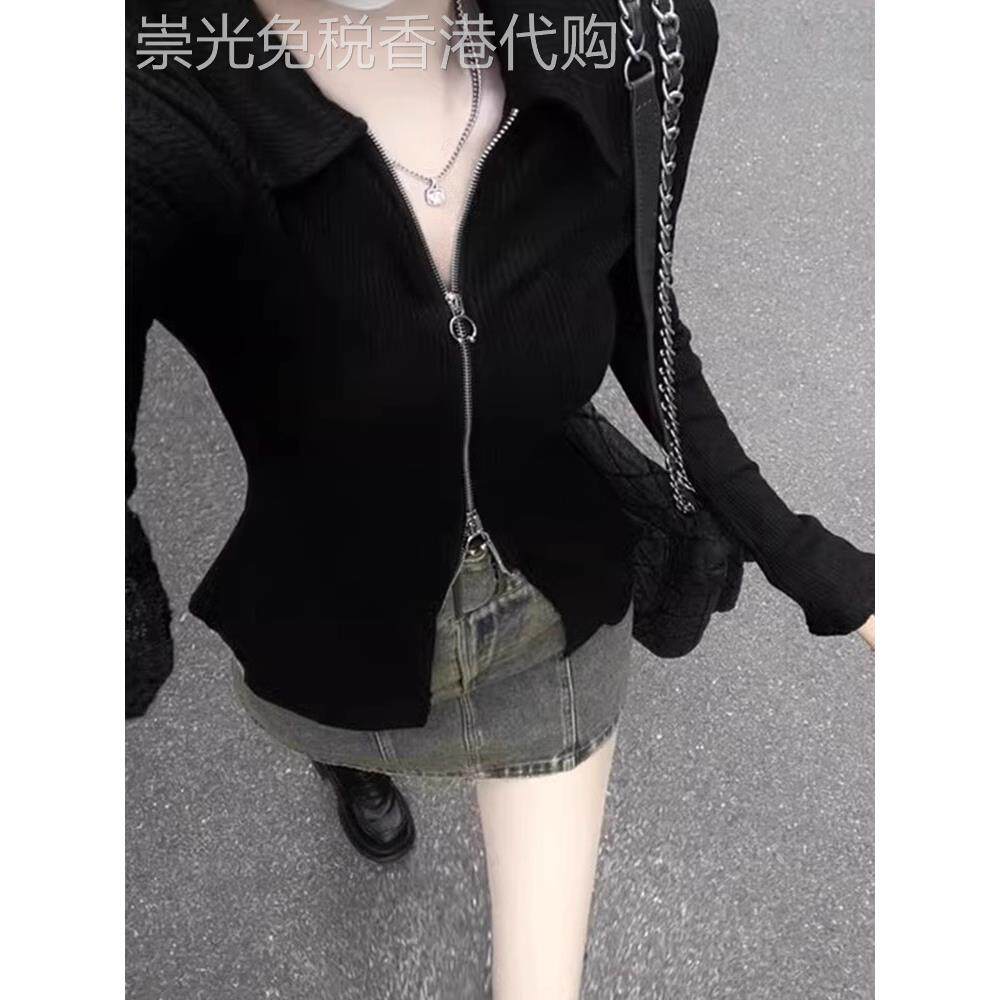 日系黑色polo领拉炼针织开衫女春秋收腰显瘦辣妹修身内搭正肩上衣