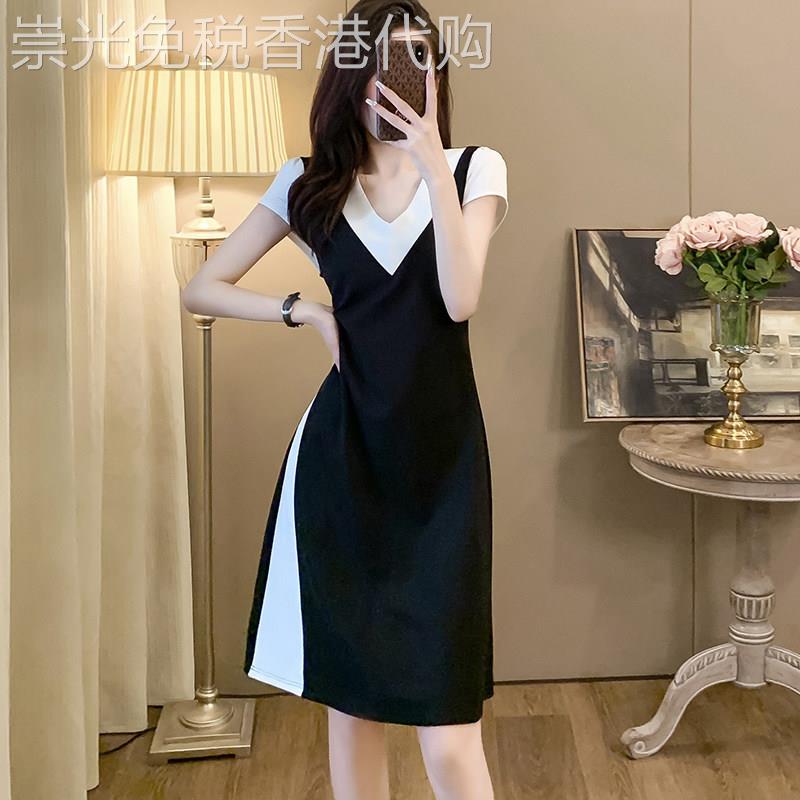 休闲V领连衣裙女2026夏新款收腰显瘦减龄洋气小个子拼色短袖t恤裙