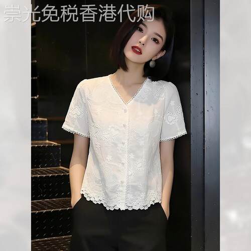 独特V领刺绣蕾丝短袖衬衫女夏季2026年新款漂亮上衣小衫洋派绝美