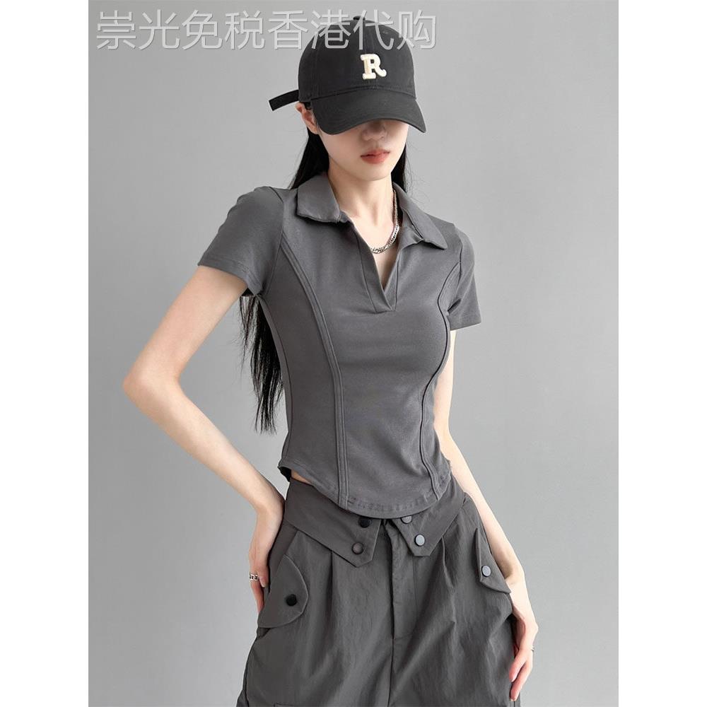 欧美性感风格右肩短袖女t恤Polo翻领2025夏季新款腰部鱼骨修身短