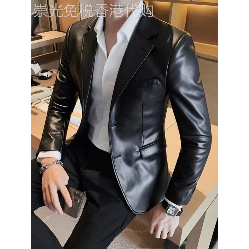 新款高级感商务皮衣男秋冬季时尚韩版修身潮流轻奢百搭休闲皮西装