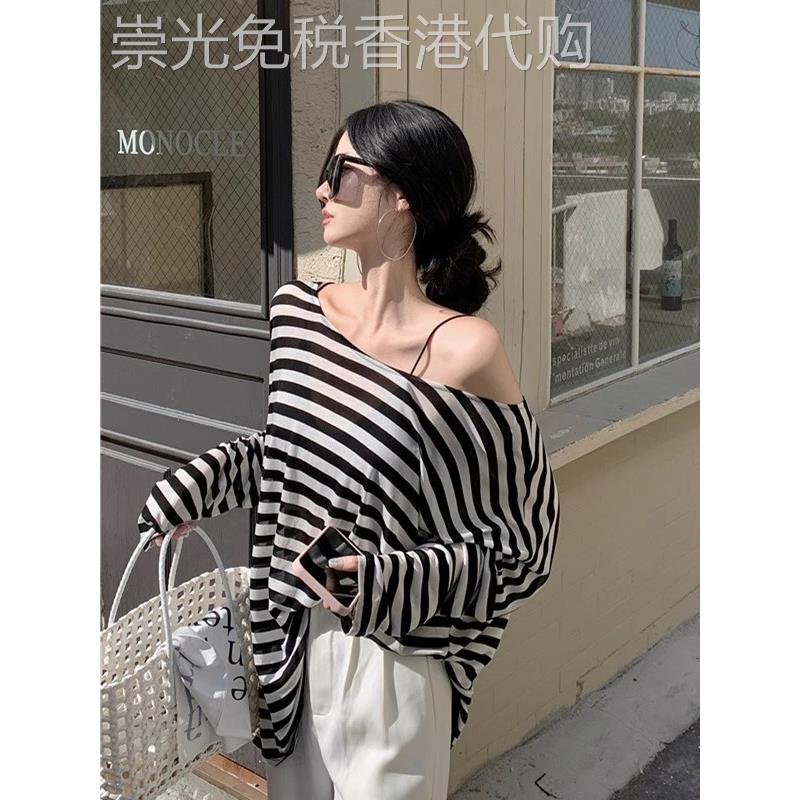 黑白条纹防晒长袖女式t恤夏季欧洲站斜肩宽松防晒空调上衣