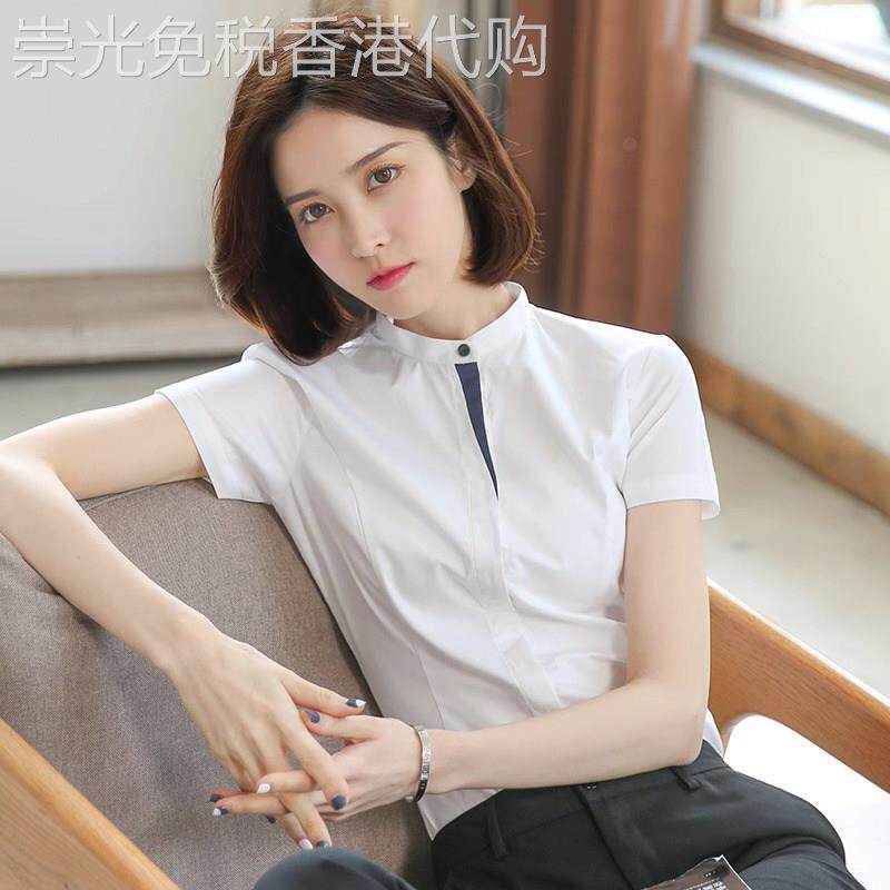 立领短袖白色衬衫女夏季2026新款通勤正装职业衬衫设计感小众上衣