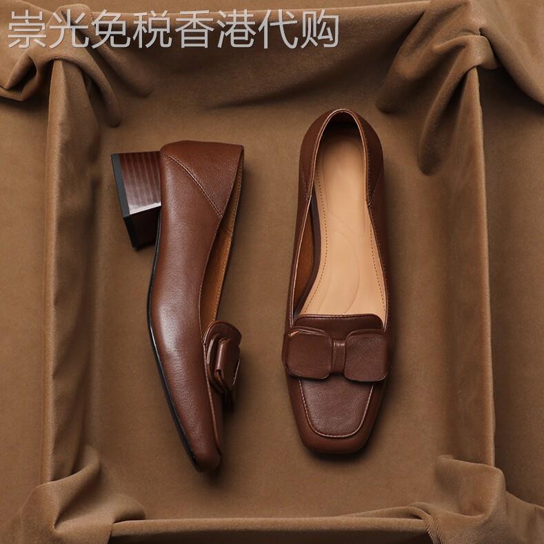 网红覆古方头粗跟真皮单鞋女士软皮蝴蝶结中跟小皮鞋一脚蹬乐福鞋