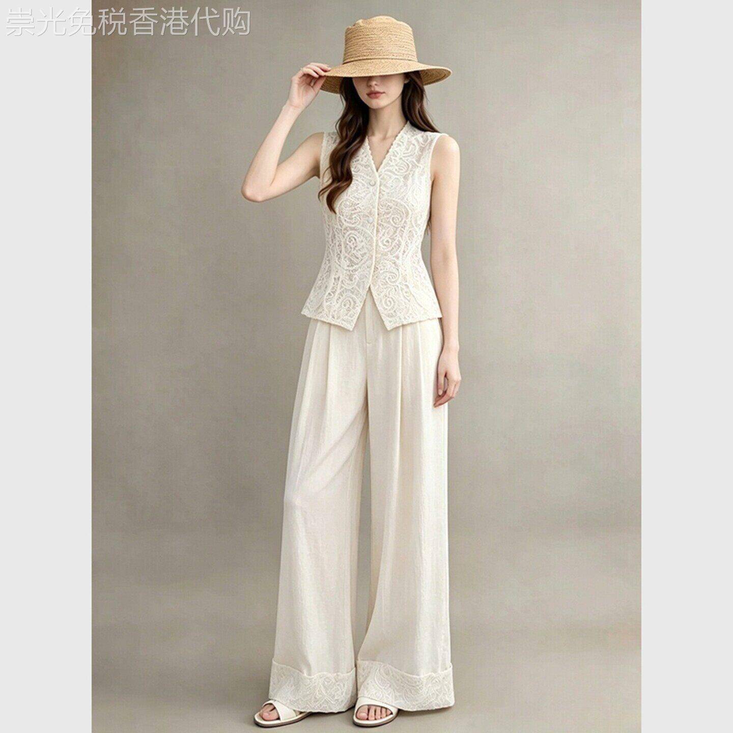 法式温柔风减龄大方得体套装女2026夏季蕾丝白色马甲阔腿裤两件套