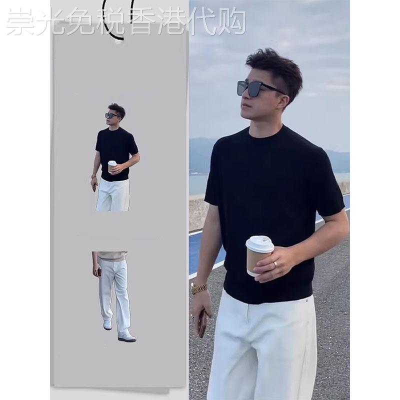 老钱风短袖套装男士夏季潮牌修身痞帅圆领上衣长裤男装穿搭两件套
