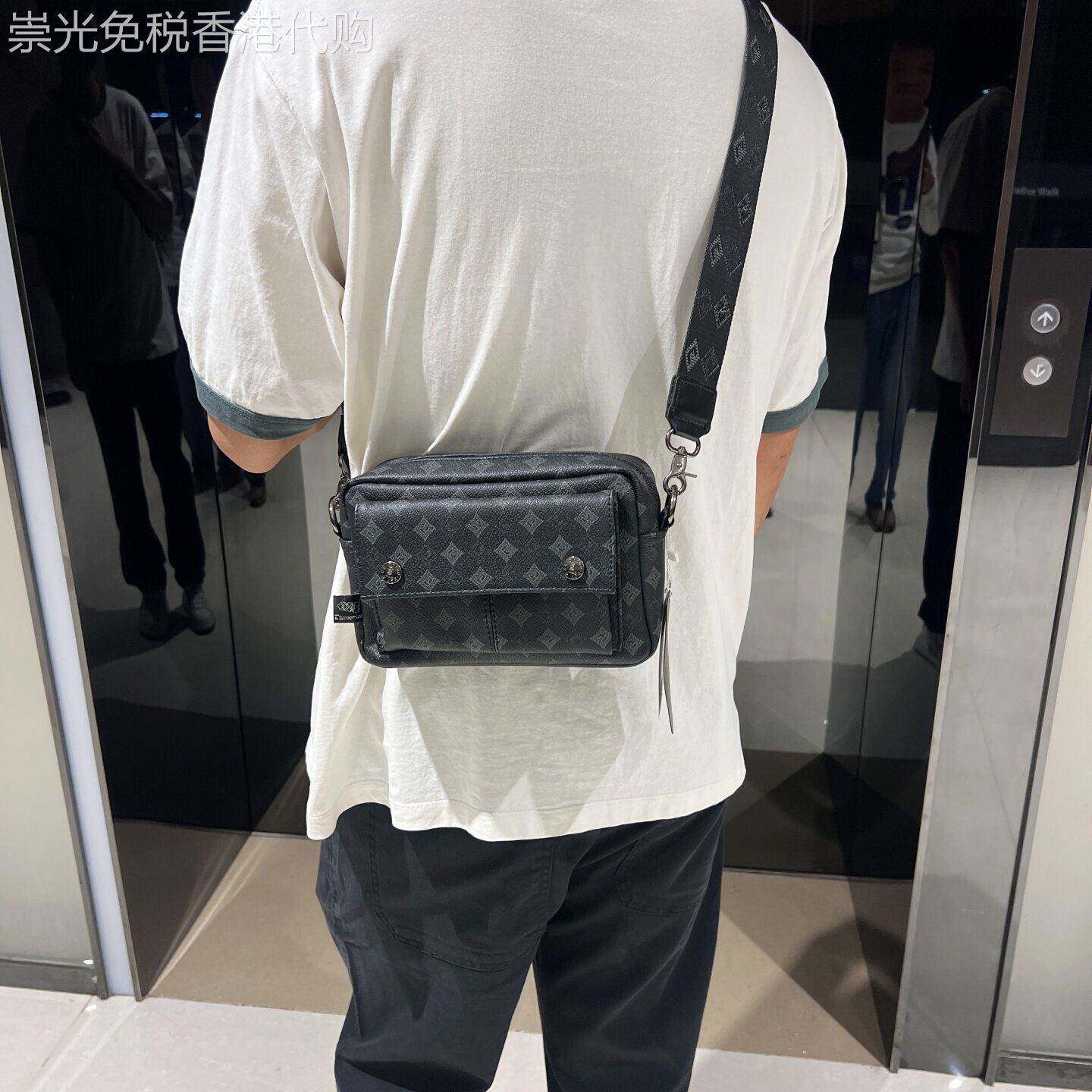 香港代购时尚老花几何图案男士斜挎包真皮休闲单肩包黑色街头潮包