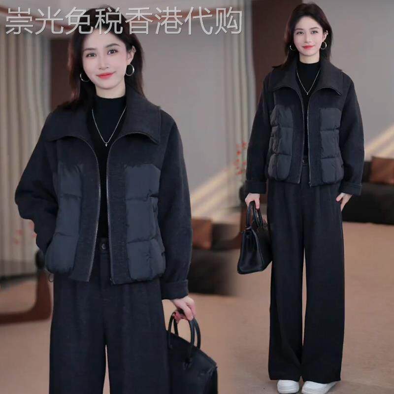 香港代购时尚棉服套装女冬季新款加厚毛呢拼接棉衣阔腿裤两件套潮