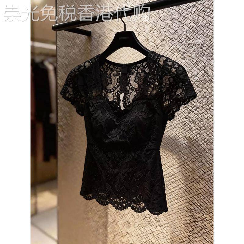 黑色法式蕾丝衫女夏季欧货短袖方领镂空设计感百搭款高端气质上衣