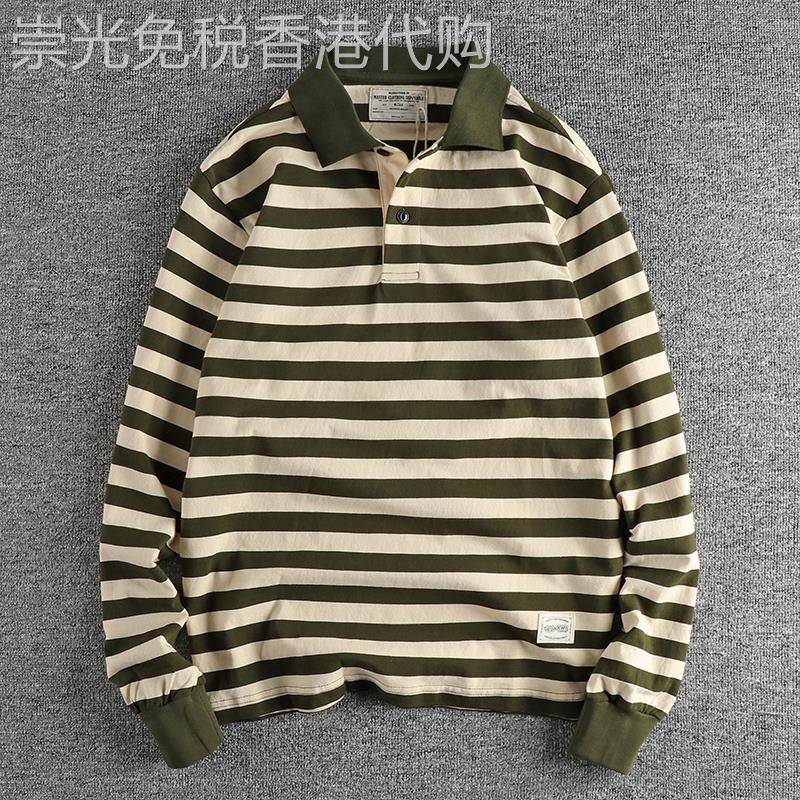 代购潮男春秋复古海魂条纹男士polo衫长袖T恤宽松舒适翻领打底衫