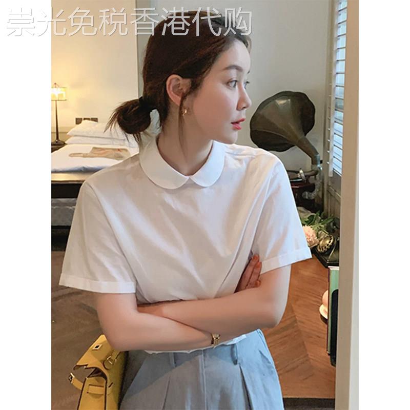 白色韩系学院风娃娃领短袖T恤女夏季欧货宽松显瘦减龄通勤风上衣