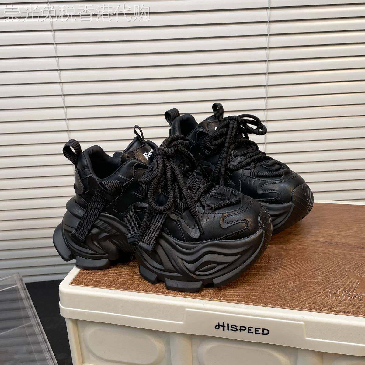 韩国真皮黑色老爹鞋女ins超火小个子厚底增高鞋7cm百搭休闲运动鞋