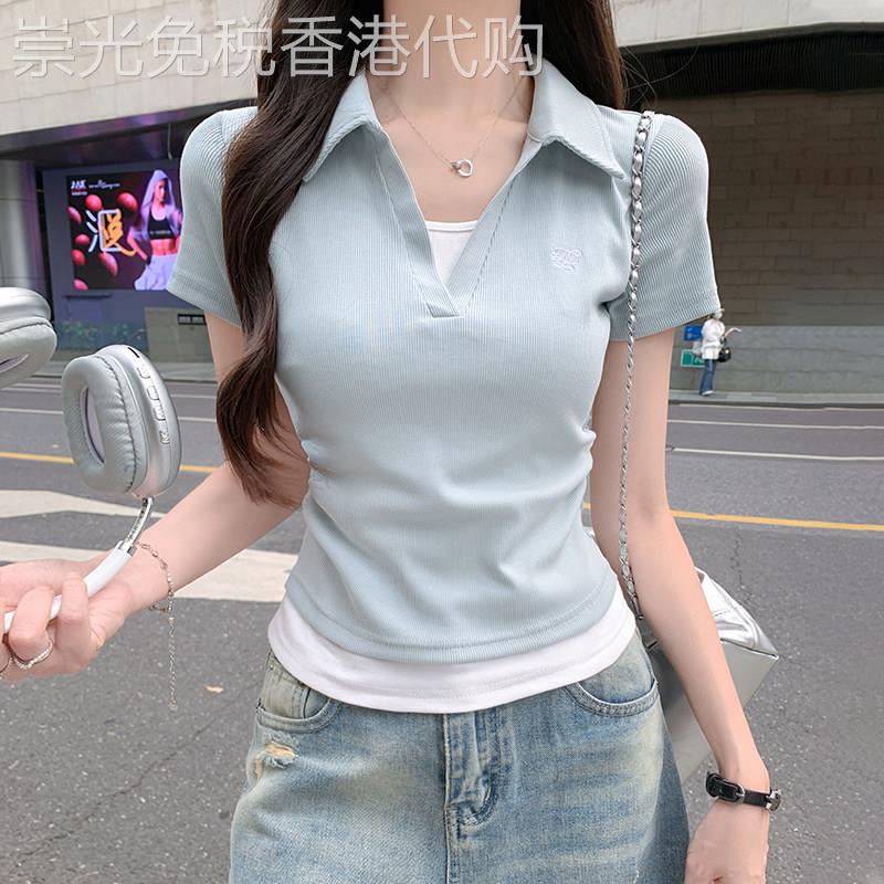 小个子V领假两件polo短袖t恤女夏季2026新款褶皱收腰显瘦刺绣上衣