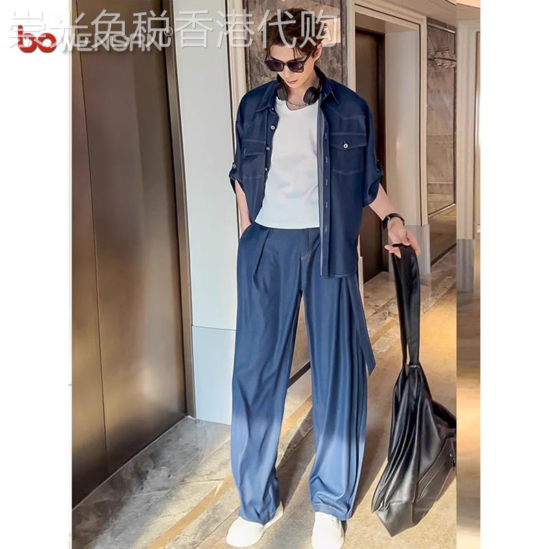松弛感牛仔衬衫套装男士2025新款夏季冰丝短袖高级感搭配一套男款