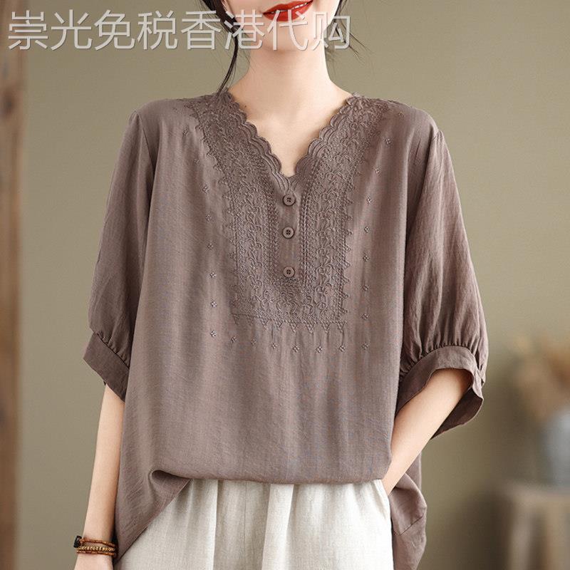 文艺V领花边短袖T恤刺绣衬衫女夏季薄款宽松显瘦气质中袖休闲上衣
