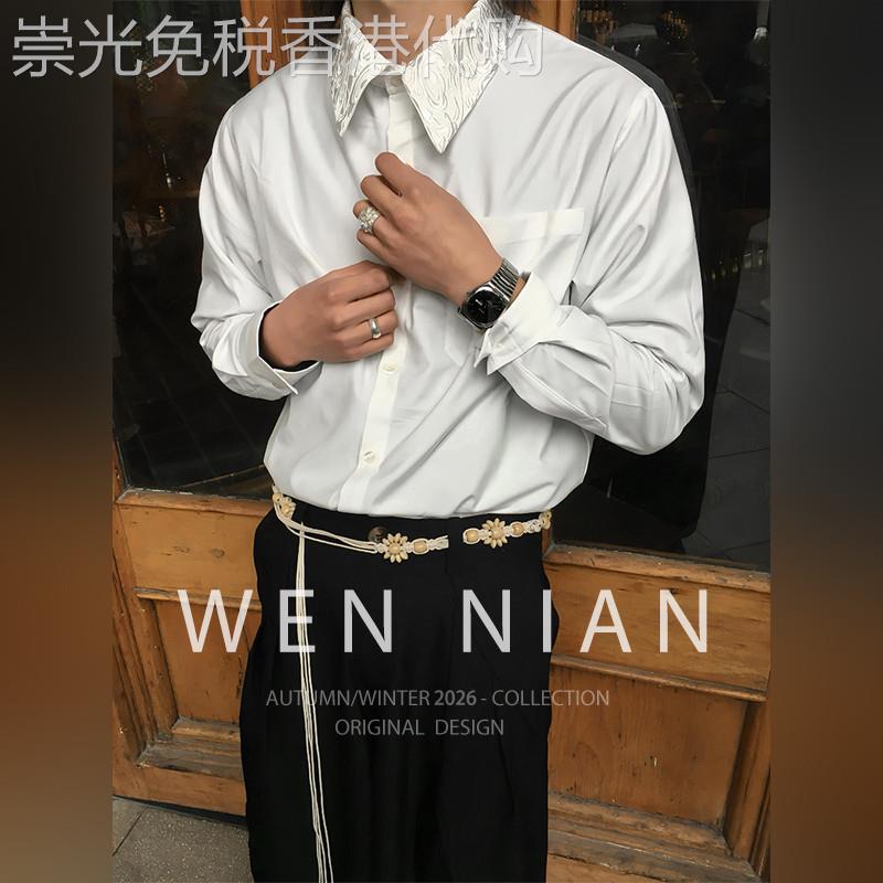 韩国WEN NIAN刺绣花领衬衫男款2026春季痞帅衬衣美式cleanfit外套
