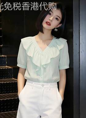 漂亮时尚短袖衬衫荷叶边女装夏季2026年新款轻熟小众上衣V领衬衫