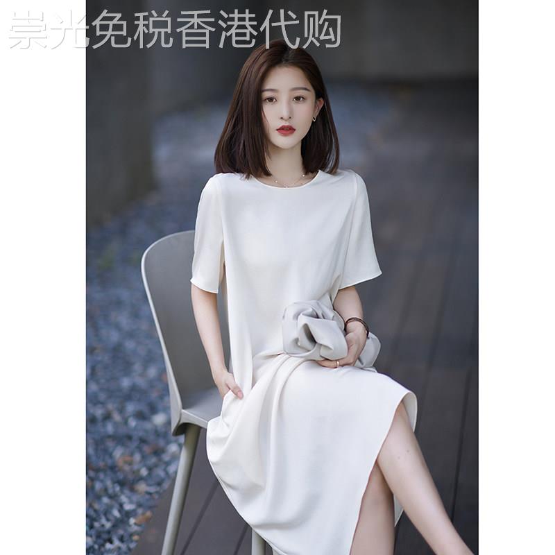 法式连衣裙女夏季薄款2026年新款白色冰丝高级仙女气质短袖t恤裙