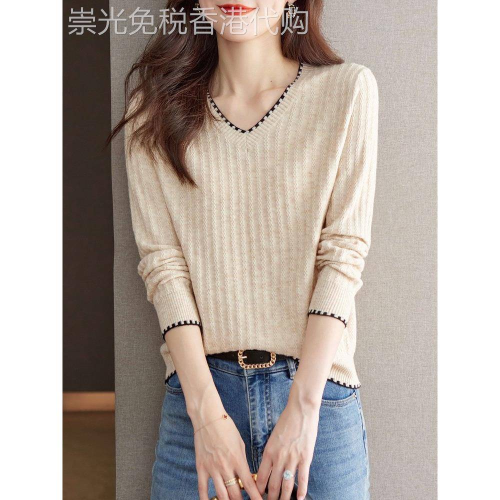 潮牌CVY打底衫女2025秋冬新款长袖洋气减龄宽松上衣v领针织衫内搭