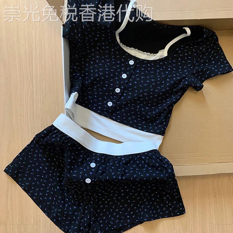 法国BERYDIA韩版蕾丝方领高级感碎花短袖睡衣女夏季短裤家居服