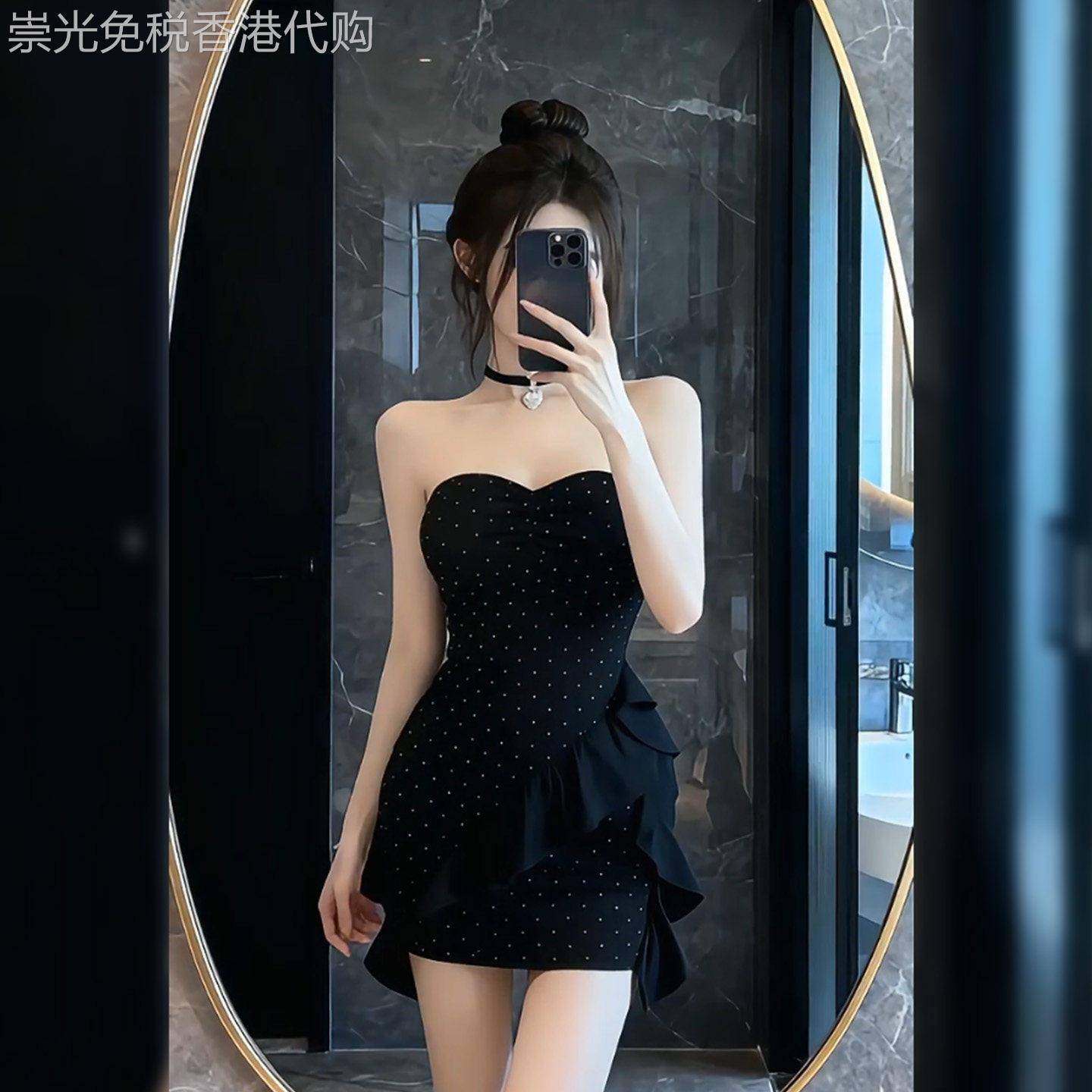 辣妹复古烫钻抹胸洋装女装2026夏季新款一字领荷叶边收腰包臀裙