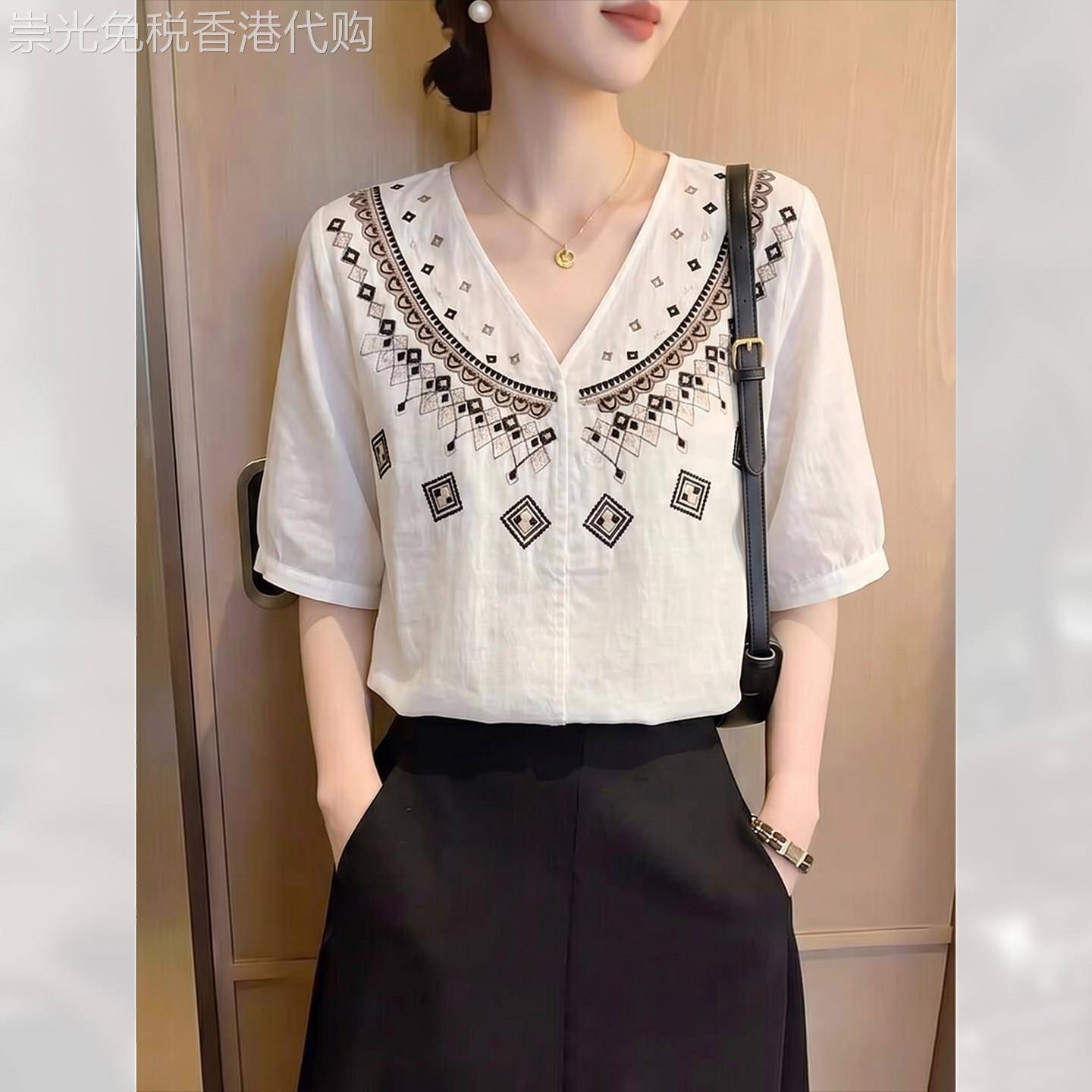 法式时尚V领休闲短袖衬衫女装夏季2026年新款上衣气质超好看小衫